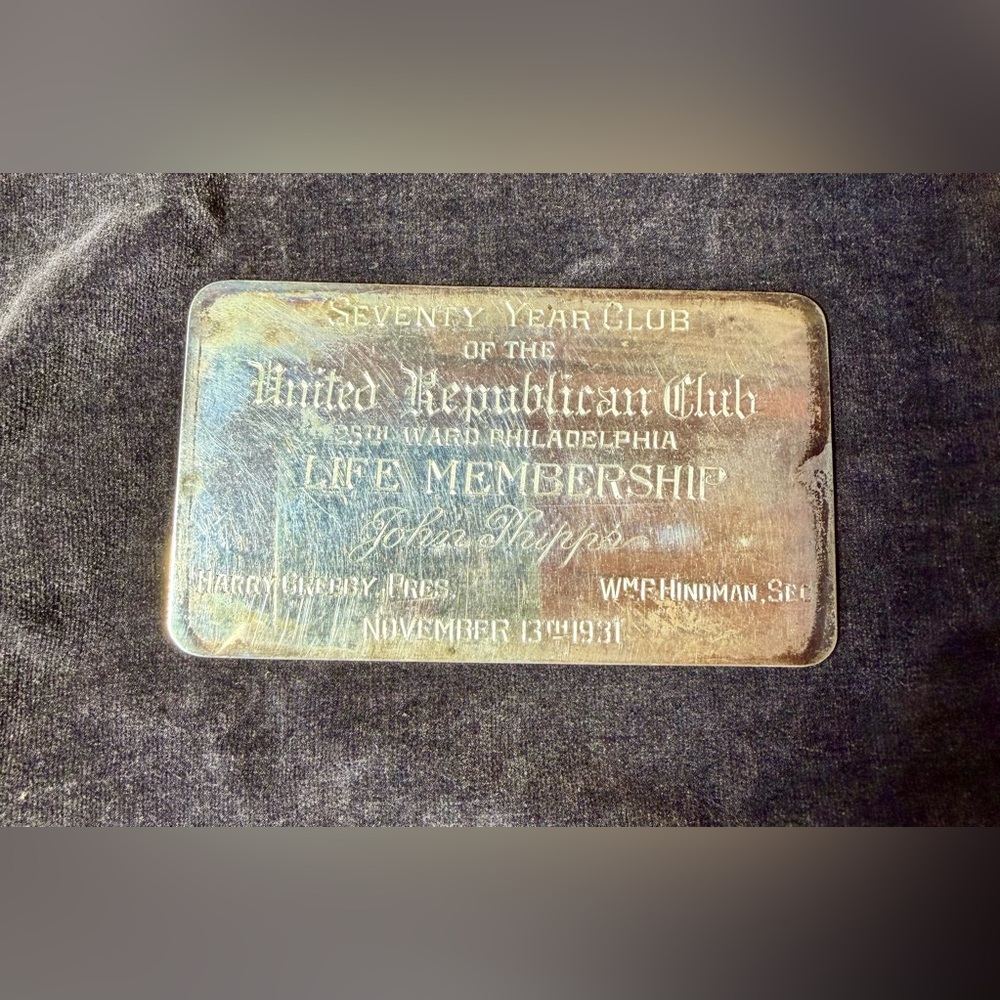 1931 Philadelphia United Republican Club - Engraved Silver Life Membership Card